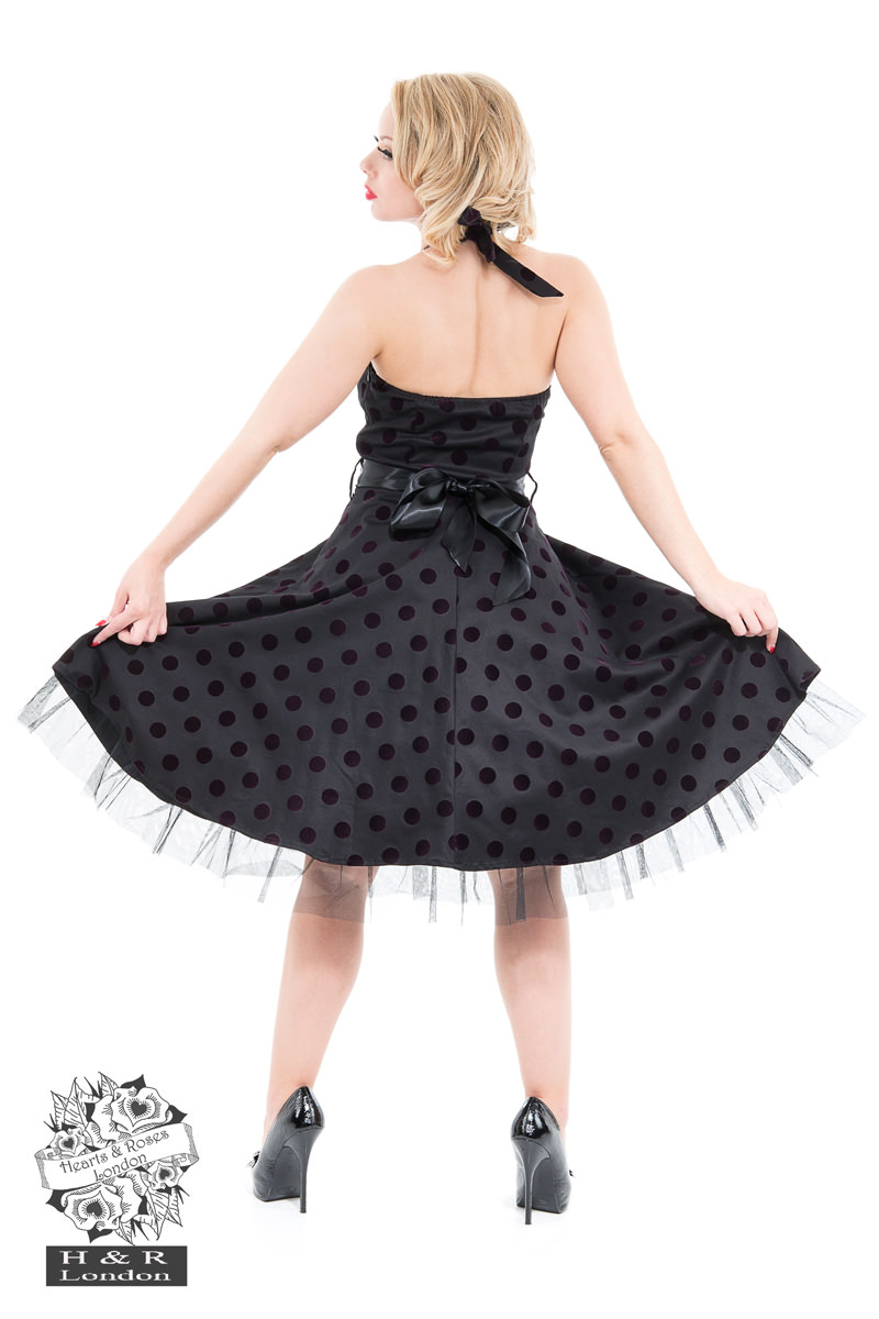 Black Purple Flocked Polka Dot Swing Dress